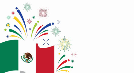 Fototapeta premium Mexican Independence Day celebration with colorful fireworks, flags, and confetti. Vector illustration featuring vibrant patriotic colors and festive decorations. Concept for holiday greeting cards,