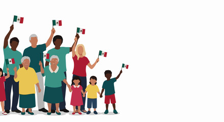 Fototapeta premium Diverse group celebrating with small national flags in colorful vector illustration style. Unity concept featuring people of different ages waving flags. Vector design for social media, posters,