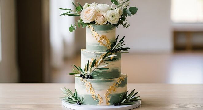 A three tier wedding cake featuring green watercolor frosting and gold leaf accents topped with fresh flowers and olive branches stands ready for a festive celebration of love and marriage joy