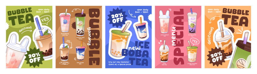 Advertising posters of bubble tea set. Designs of promotion of soft drinks with tapioca. Menu templates with glasses of cocktails, beverages with matcha, coffee, taro. Flat vector illustrations