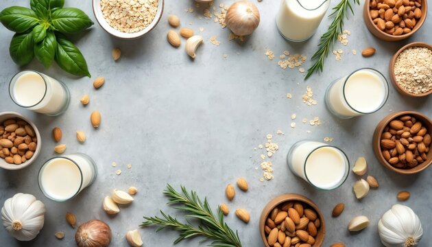 Plant based milks in glasses and bottles with almonds oatmeal and basil. Dairy free drinks with fresh ingredients for healthy diet and nourishment.