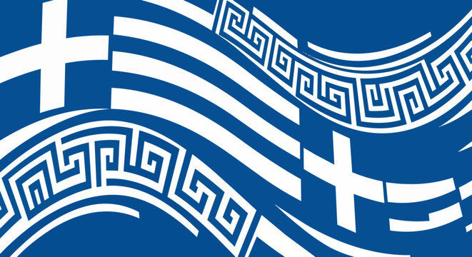 Greek Independence Day vector design featuring abstract geometric key patterns and blue wave motifs. Patriotic Greek key pattern with dynamic wave elements for national celebration.