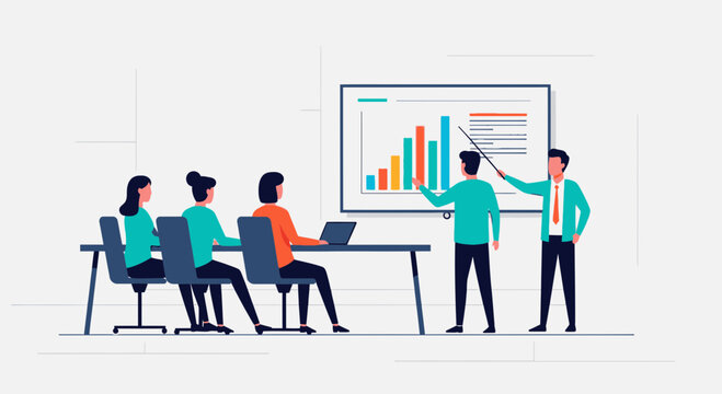 Business team discussing data on screen.