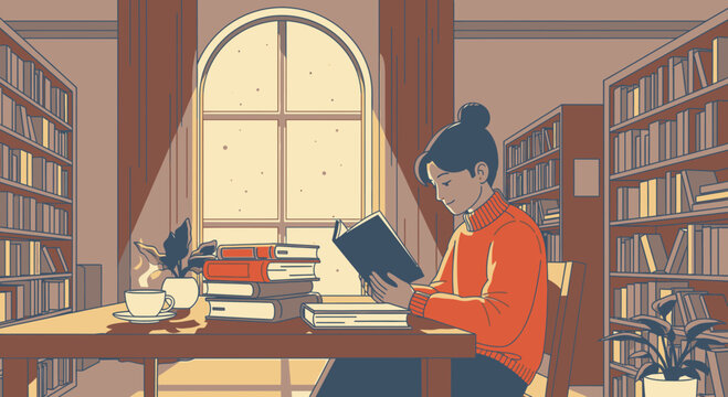 Woman reading book in library.