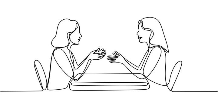 Continuous line drawing of a women dining in a restaurant. Two beatiful women chatting and drinking coffee at a restourant. Two lady having a conversation one line drawing.