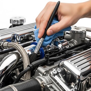Detailing a Clean Chrome Car Engine with a Brush and Microfiber Cloth
