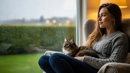 Young Woman with Long Hair in Cozy Sweater Sitting with Cat by Window on Rainy Day