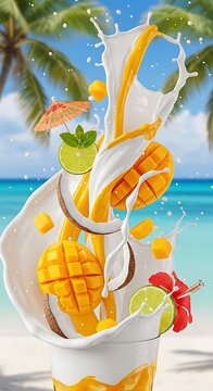 Dynamic Mango and Coconut Milk Splash with Tropical Fruits on Beach