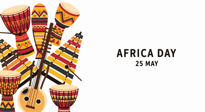 Africa Day celebration with traditional musical instruments and vibrant patterns. Africa Day event features diverse cultural elements and rhythmic percussion.