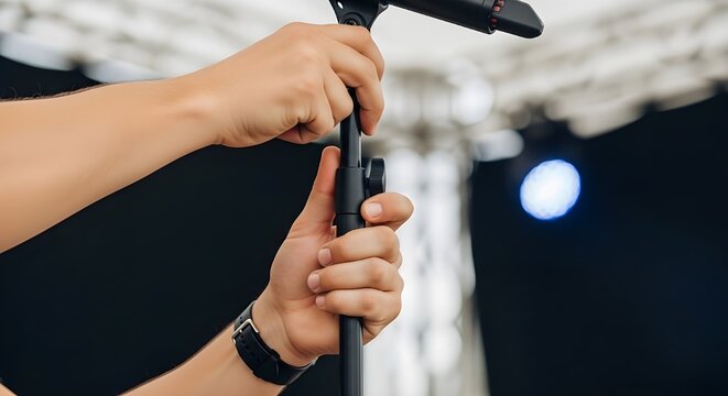 Closeup of a person adjusting the height of a microphone stand on a stage