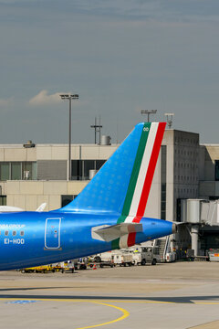 Frankfurt, Germany - 18 April 2026: Tail fin of an Airbus A320 jet (registration EI-HOD) operated by Italian Airline ITA Airways at Frankfurt Main airport.