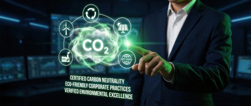 Corporate sustainability initiatives business environment digital presentation modern office professional viewpoint co2 reduction strategies and eco-friendly practices