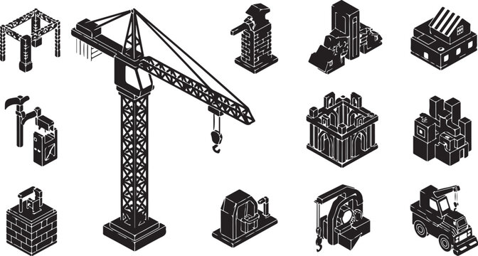 Construction equipment and tools in black and white