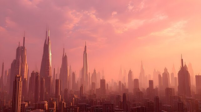 Panoramic view of towering futuristic skyscrapers bathed in the soft diffused light of a dramatic dawn or dusk