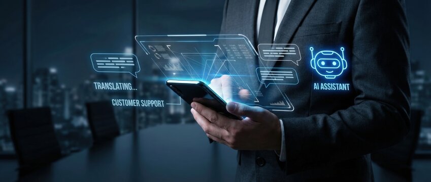 Utilizing ai assistants for enhanced customer support corporate office digital interaction urban environment close-up technology adoption