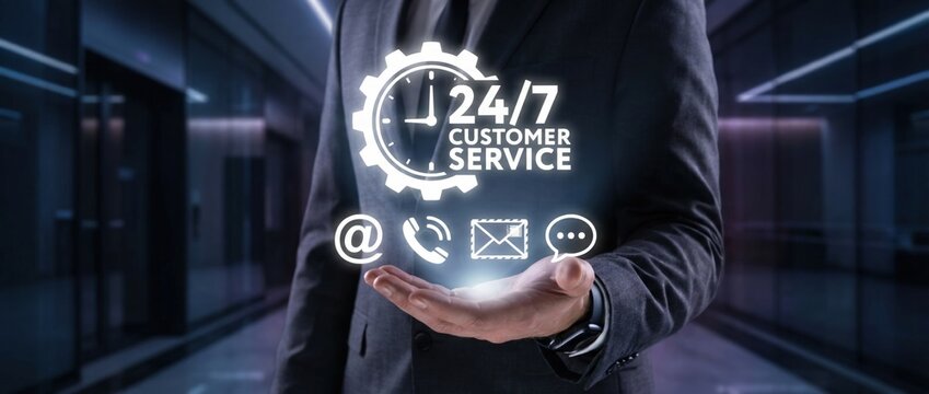 24/7 customer service support in modern office environment with high-tech visuals and interactive communication tools