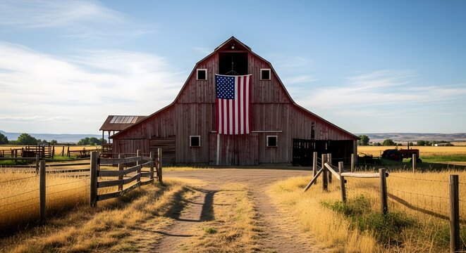 Old red barn with american flag hanging in rural landscape.