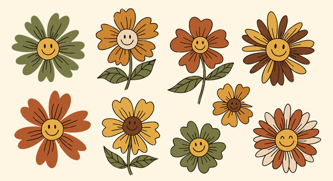 A flat lay of colorful flowers with smiley faces on a pale yellow background, conveying a cheerful mood with a mix of green, orange, and brown hues.