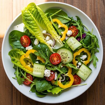Fresh Garden Salad with Tomatoes Cucumber Peppers and Feta Cheese