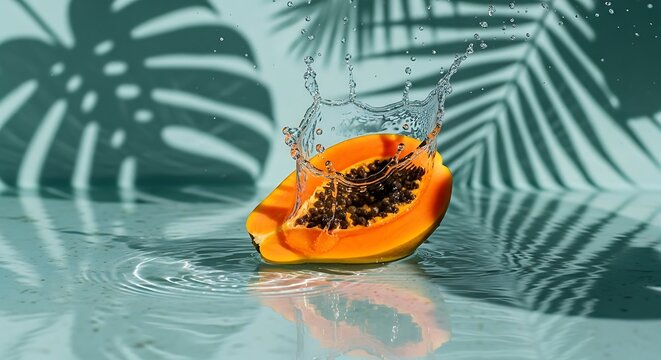 Fresh Papaya Half Splashing into Water with Tropical Leaf Shadows Background