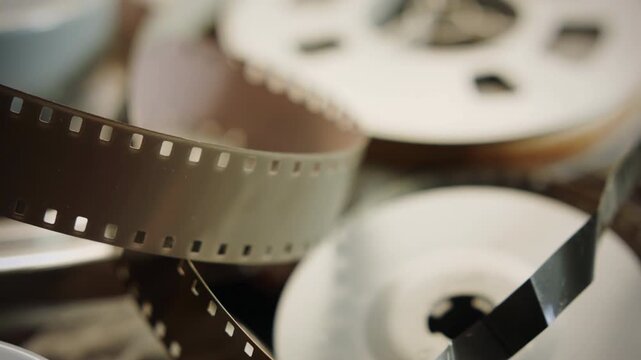 Vintage film and audio reels close up sliding camera motion stock footage