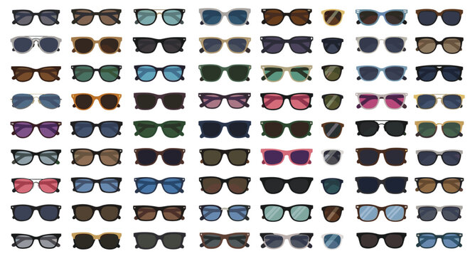A comprehensive collection of sixty-four diverse sunglasses displays a wide range of frame styles and lens colors arranged in a neat and very orderly grid.