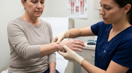 Obraz premium Female nurse examines elderly caucasian woman's injury in medical setting
