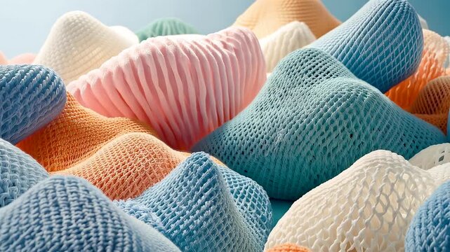 Soft knitted fabric hills in pastel colors with detailed texture and smooth rounded forms creating a cozy abstract landscape of layered textile waves