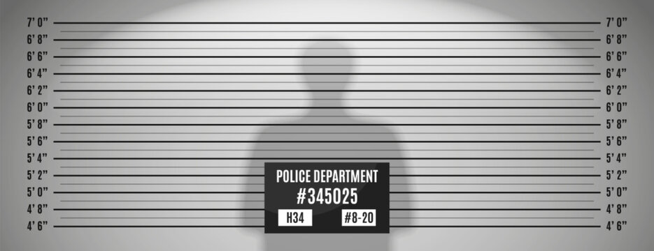 Police mugshot lineup background with height measurement scale, prison mug wall for criminal identification, arrest or suspect portrait. Vector striped backdrop with inch chart, man shadow silhouette