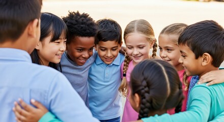 Obraz premium Diverse Group of Children Playing Together in an Outdoor Setting, Ages 6-10, Engaging in Team Activities