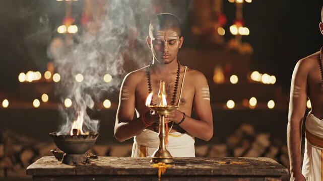 Young man performing Hindu ritual ceremony with holy fire and smoke, traditional spiritual practice, cultural tradition