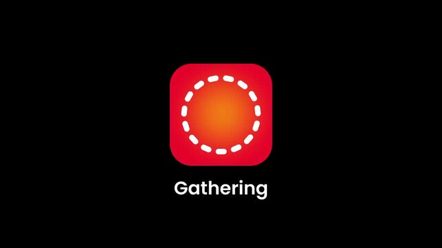 Gathering app icon showing a red rounded square with a glowing orange circle surrounded by a dashed border, symbolizing community meetups and social group events