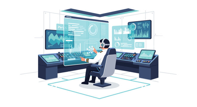 Uniformed operator sits in a high-tech command center surrounded by glowing holographic displays showing complex data charts within a futuristic room.