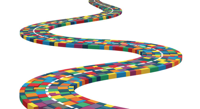 Vibrant multicolored blocks form a winding path that snakes through a pristine white void featuring a meticulous dashed white line down the center lane.