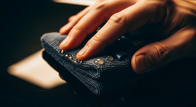 Hand Wiping a Glossy Surface with a Blue Microfiber Cloth and Cleaning Fluid