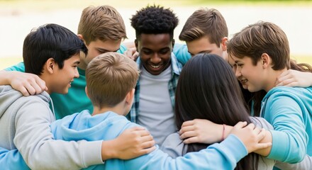Fototapeta premium Group of Diverse Teenagers Age 12-14 in Hoodies Participating in Team Activities Outdoors