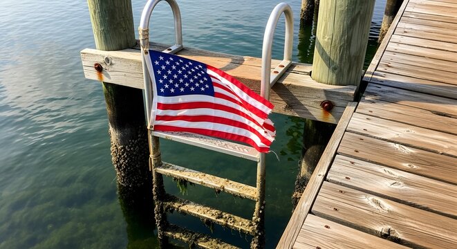 American flag on dock ladder at waters edge, summer day, nautical theme.