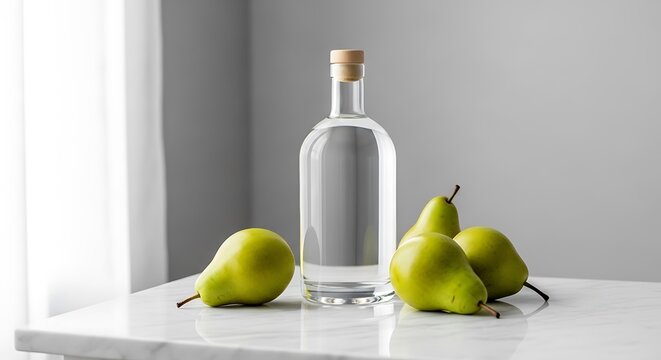Clear glass bottle of pear schnapps or brandy with fresh green pears on a marble table. pear williams
