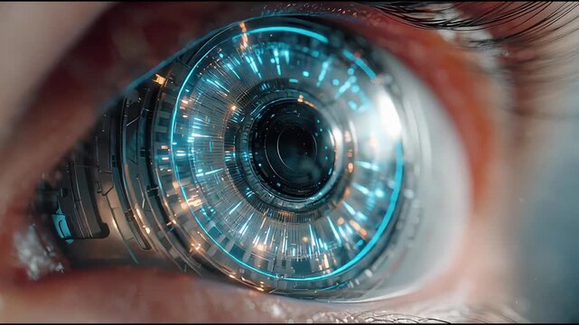 Close up macro of cybernetic robotic eye futuristic vision concept