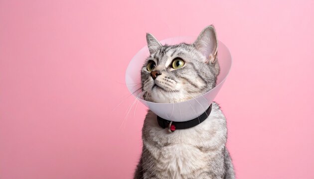 A curious grey cat wearing a cone collar looks up indoors.