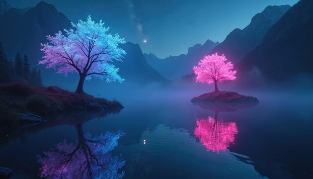 Neon trees glow with vibrant pink and blue light reflecting in calm water at night. Misty mountains form a backdrop to this surreal, fantasy landscape. Tranquil scene with peaceful atmosphere.