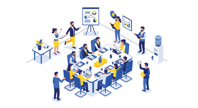 Bustling isometric corporate office environment features diverse professionals engaged in meetings and presentations around a large table with detailed charts and modern equipment.
