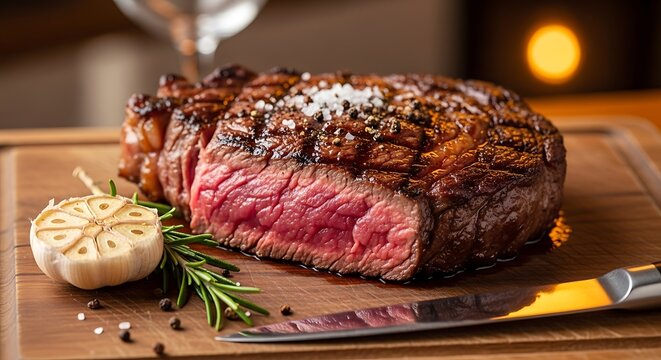 Juicy Medium-Rare Grilled Beef Steak with Roasted Garlic and Rosemary on a Wooden Board