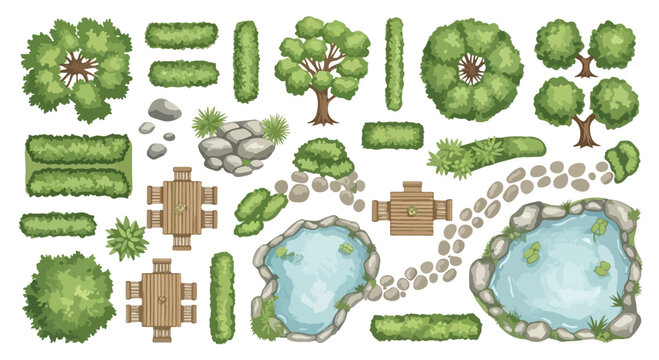 Landscape design garden elements set, top view garden map icons with trees and ponds, architectural site plan vector kit for backyard planning