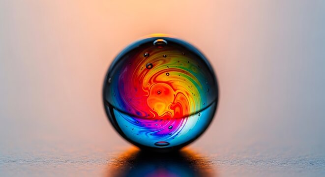 Macro of Rainbow Swirl Inside a Clear Glass Sphere