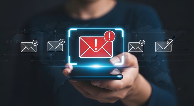 Smartphone notification alert with warning message icon, mobile communication, app security, and urgent attention concept