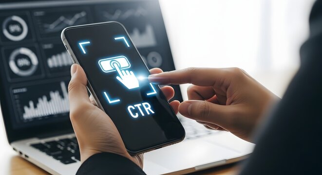 Click Through Rate CTR Analytics on Smartphone with Digital Marketing Performance and Conversion Tracking Interface