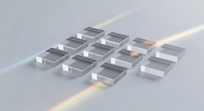 A grid of 12 square boxes made of clear glass blocks reflecting a beautiful prism light refraction on a clean minimalist light grey studio background