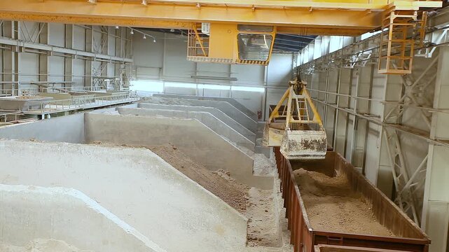 Sorting, loading and storage of bulk materials in a closed industrial warehouse. Unloading of railway wagons and storage of bulk materials in a warehouse.