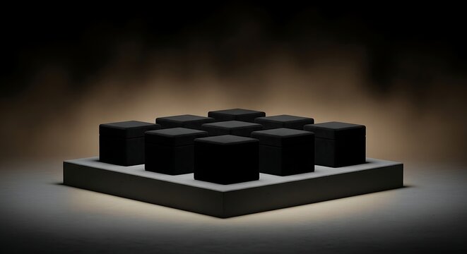 A minimalist studio composition featuring 12 square boxes arranged in a precise grid pattern on a clean white pedestal against a soft dark gradient background